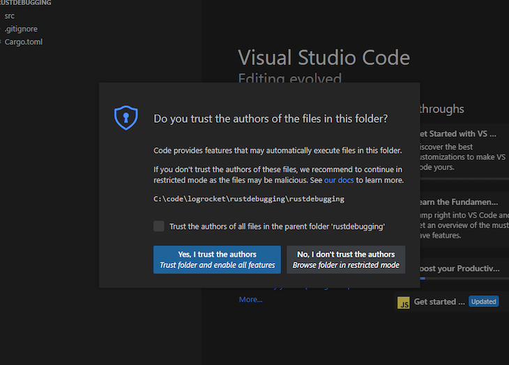 Vs Code Window With Popup Message Prompting User To Confirm Trust In Authors Of Project