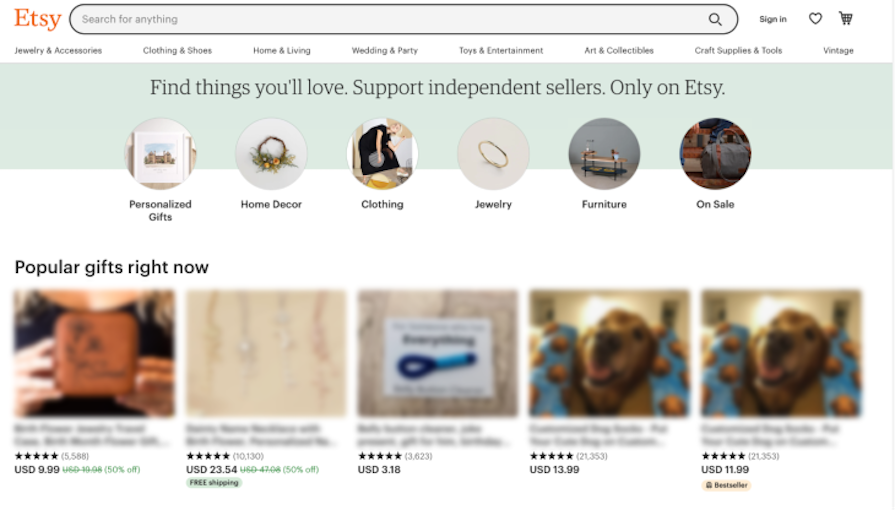 Etsy Website Showing Example Of Content Organization