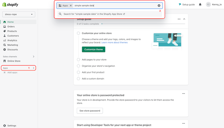 Shopify Menu Bar With Apps Tab Circled In Red With Number One Label. Search Bar At Top Also Circled In Red And Labeled Number Two. Search For Simple Sample Data Shown