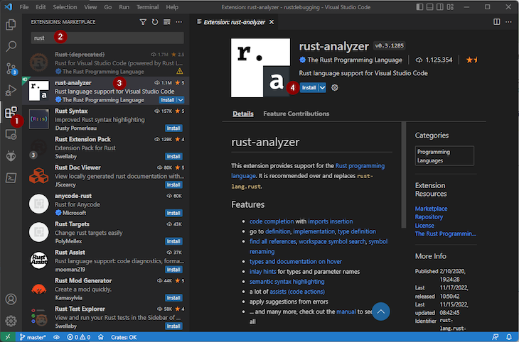 Vs Code Extensions Marketplace With Rust Analyzer Extension Pulled Up