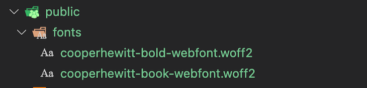 Project File Structure With Public Folder Open To Show Fonts Subfolder, Which Is Also Open And Contains Two Cooper Hewitt Font Variations