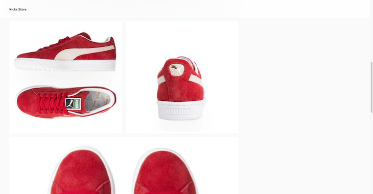 Selected Product Gallery Ui Shown With Two Image Variants Of Red Sneakers Shown Side By Side While The Beginning Of A Third Image Is Shown Cut Off Below