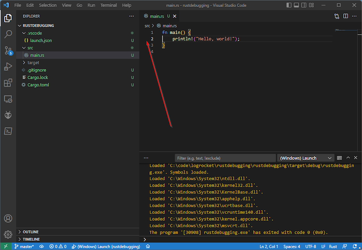 Vs Code Terminal With Red Arrow Pointing To Left Of Line Two Where User Should Click To Set Breakpoint