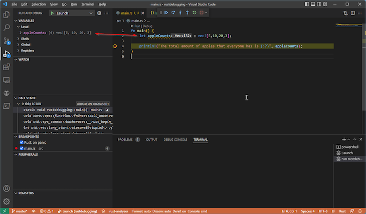 VS Code Terminal With Double Sided Red Arrow Pointing Between Vec and Corresponding Local Variable View