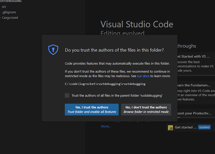 VS Code Window With Popup Message Prompting User to Confirm Trust in Authors of Project