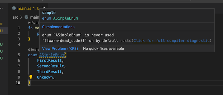 VS Code Terminal With Dark Background Displaying Popup Warning that Enum Declaration is Redundant