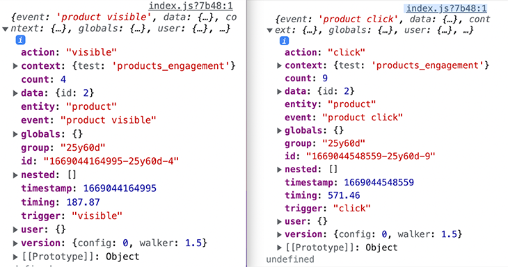 Console output for our click and hover events on the products overview page