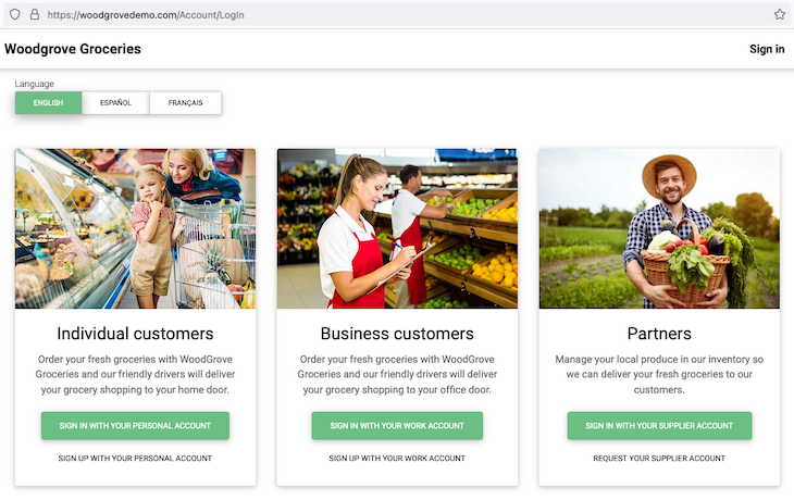 Microsoft Live Demo Website Called Woodgrove Groceries With Option To Select Language At Top Set To English And Three Options For Users To Self Identify As Individual Customers, Business Customers, And Supplier Partners With Images, Descriptions, And Buttons To Sign In Or Sign Up For Each Option
