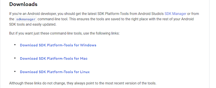 Black Text Over White Background With Blue Hyperlinks Showing List Of Download Links For Supported Platforms For Android Platform Tools