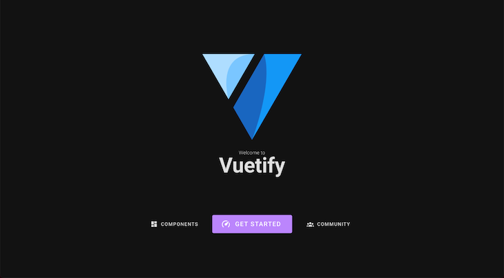 Vuetify Dark Mode Template With Black Background, Vue Logo And Wordmark, And Links For Components, Get Started, And Community