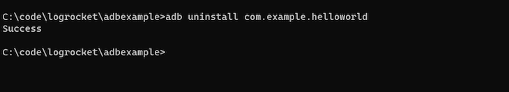 Terminal Open With Black Background And White Text Showing Successful Uninstall Command For Removing App From Phone