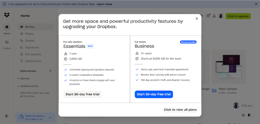Lightbox Modal Prompting User To Upgrade Dropbox Plan