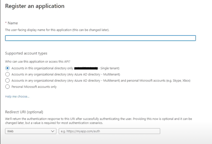 Blank Form For Registering Application In Azure Active Directory With Various Field Types And Prompts For User