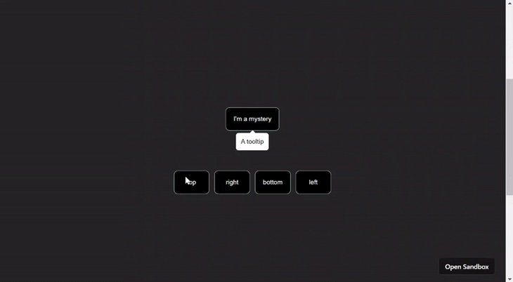 Dark Grey Background Demoing Interactive Tooltip Positioning With Centered Black Button And White Tooltip Above Line Of Tooltip Positioning Options. Tooltip Moves As User Clicks On Various Positioning Options