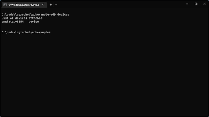 Terminal Open With Black Background And White Text Showing List Of Connected Devices With Emulator As Only List Item