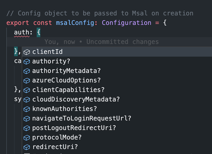 Black Terminal Screen With List Of Fields Available To Add To Configuration Type For Object To Be Passed To Msal On Creation Shown When Using Typescript