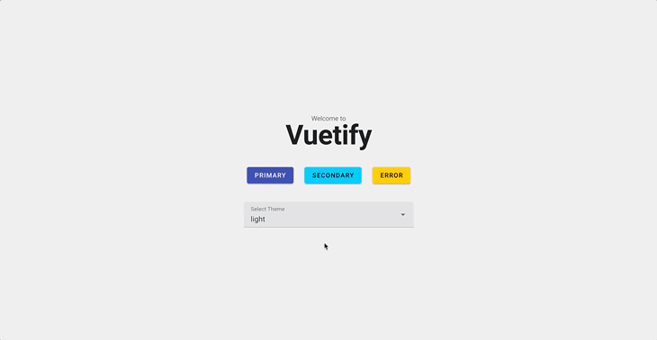 User Shown Clicking Through Four Dropdown Menu Options — Light, Dark, Custom Light, Custom Dark Vuetify Themes — Switching Colors Of Background, Text, And Three Buttons