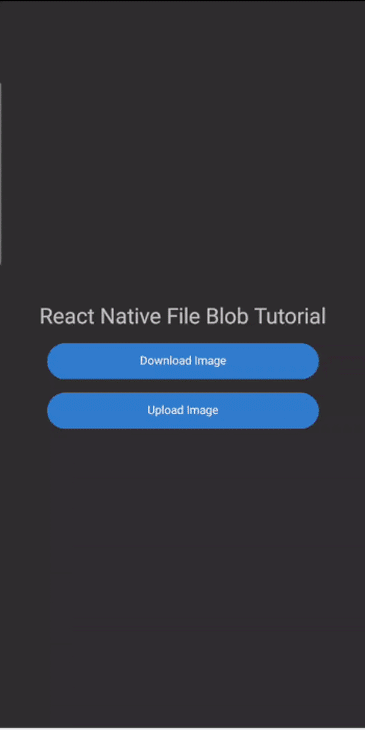 Phone With Dark Grey Background Showing App Title Screen Reading React Native File Blob Tutorial With Two Buttons For Downloading And Uploading Image. User Shown Tapping Download Option And Selecting Image File From List Displayed On Next Screen. Once Image File Downloads, It Is Displayed On The Next Screen Titled View Image Showing Image, File Name, And Green Button To Go Back To File List