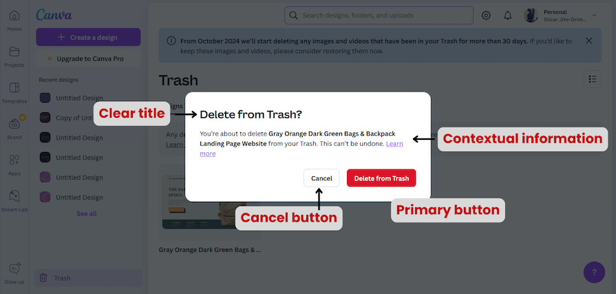 Labeled Example Of Clear Modal Messaging Showing Clear Title, Brief Context, Primary Button, And Cancel Button