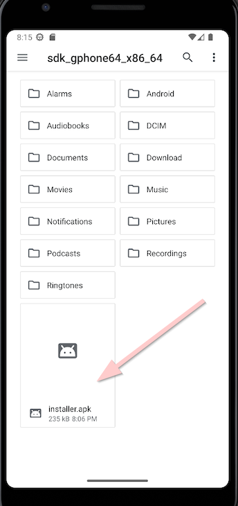 Android Emulator Open To Files App With Pink Arrow Pointing To File Copied In Previous Step