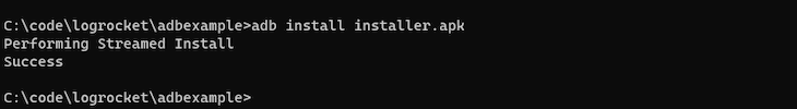 Terminal Open With Black Background And White Text Showing Successful Installation Of Apk Over Android Debug Bridge