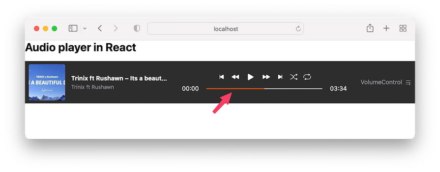 Custom Styled React Audio Player With Track Progress Slider Bar Indicated With Orange Arrow