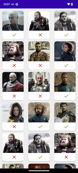 Game Of Thrones Character List Displayed In Grid Layout With Character Images And Check Mark Or X Symbol Depending On Character's Living Status