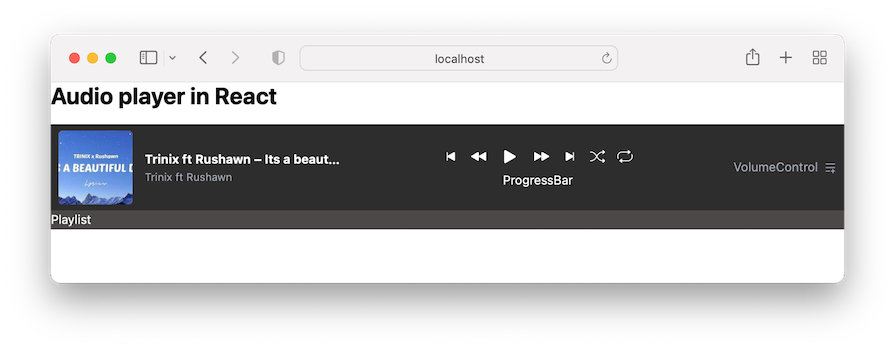 React Audio Player Displayed With Custom Controls And Styling For The Track Image, Title, And Author