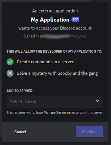 Prompt To Select Server Destination For Discord Bot Installation And Information About Permissions
