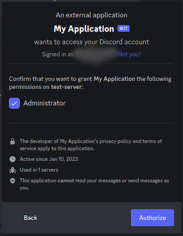 Confirmation Screen For Adding Application To Discord Server