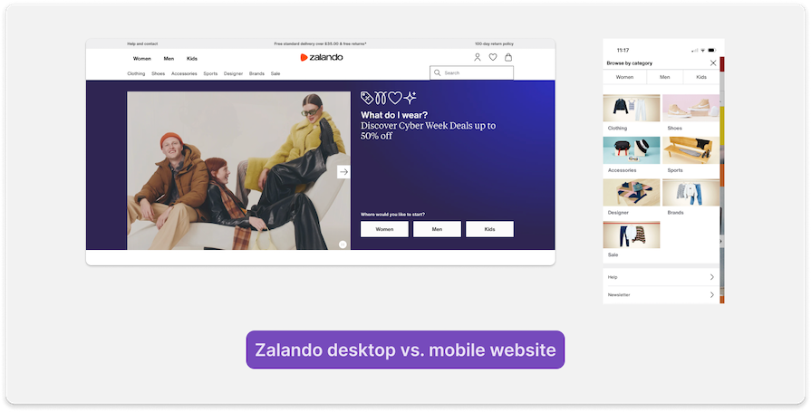 Zalando Website Demonstrating Responsive Secondary Menu Adapting From Desktop Display To Mobile Screen