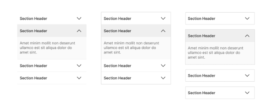 Three Side By Side Accordion Styling Options With Varying Levels Of Separation Between Accordion Sections