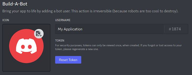 Build A Bot Screen Of Discord Developer Dashboard With Application Information And Button To Reset Token