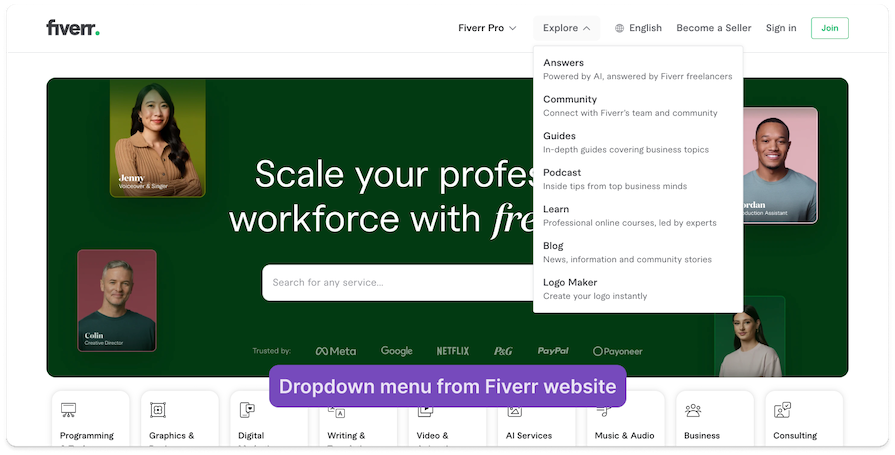 Fiverr Website Showing Example Of Combined Secondary Navigation In Dropdown Menu