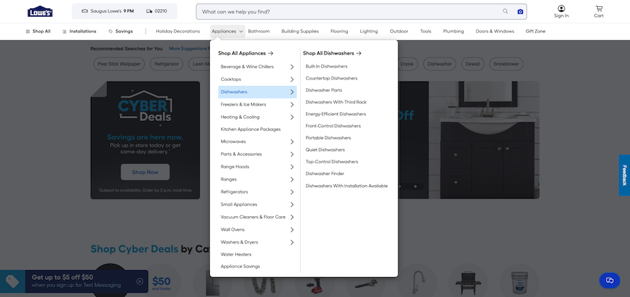 Mega Menu Example From Lowes Website