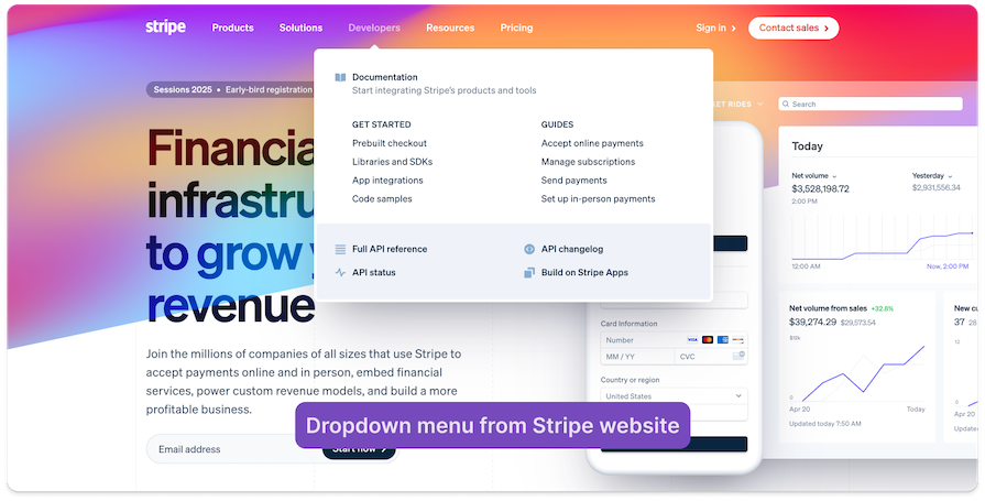 Stripe Website Demonstrating Dropdown Menu Used In Secondary Navigation