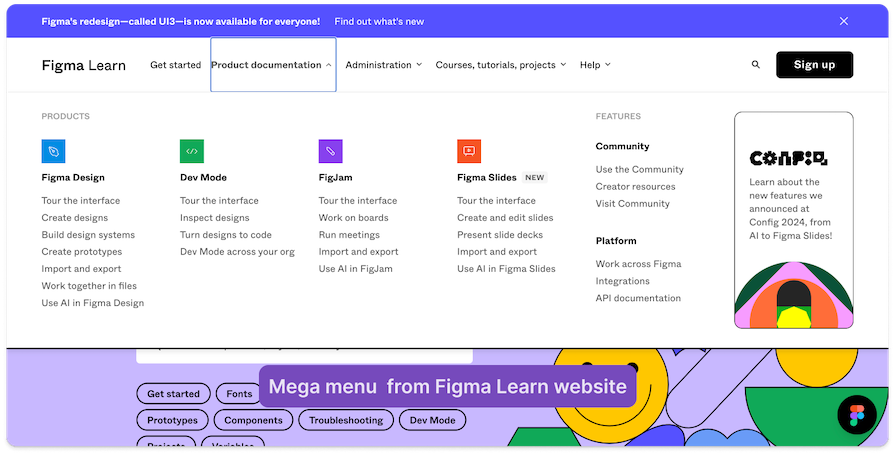 Figma Learn Website Showing Combined Secondary Navigation Mega Menu