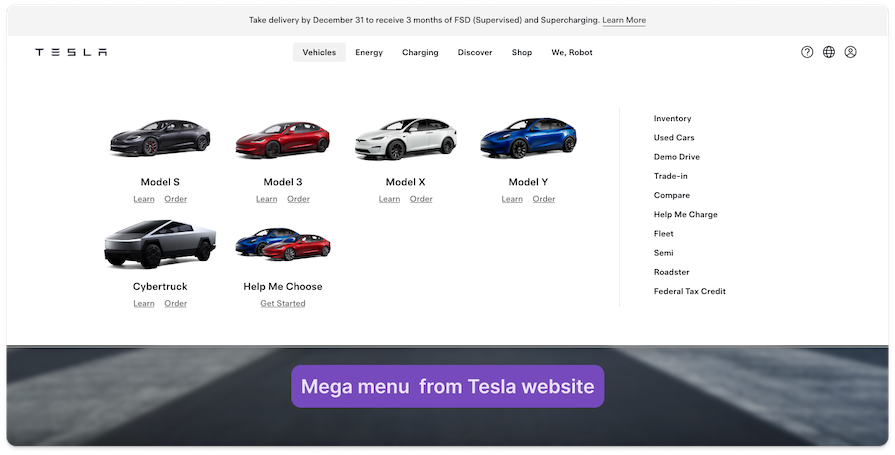 Tesla Website Showing Combined Secondary Navigation Mega Menu