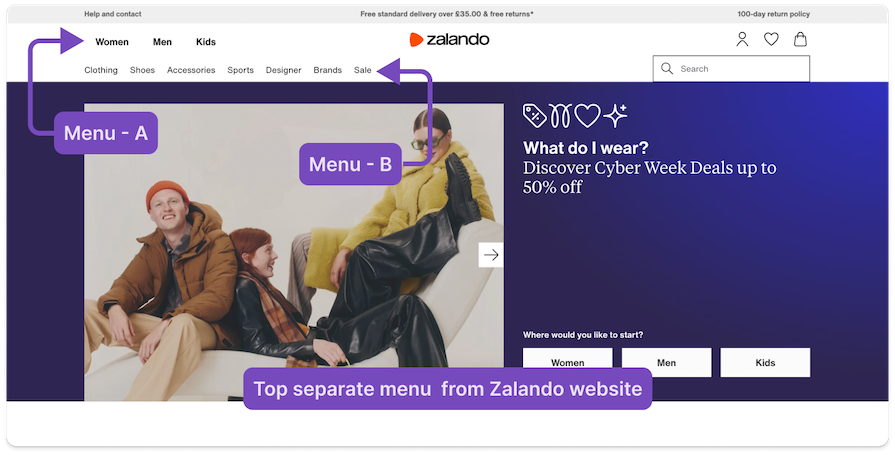 Zalando Website Showing Example Secondary Navigation Top Menu