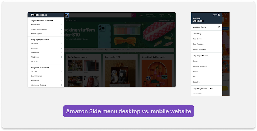 Amazon Has A Separate Secondary Navigation Menu On The Side, Which Is Responsive For Desktop And Mobile Devices