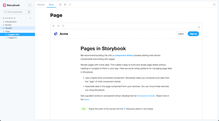 Exemplo de interface de livro de história para como um componente de página apareceria no front-end para um usuário desconectado