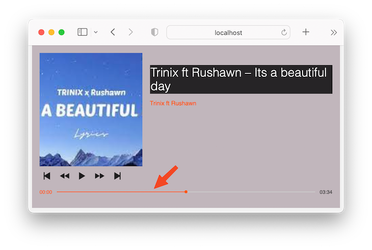 Custom Styled React Audio Player With Track Progress Slider Bar Added, Indicated By Orange Arrow