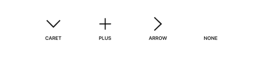 Accordion Icon Options Labeled From Left To Right: Caret, Plus, Arrow, None