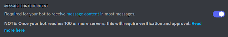 Message Content Intent Option Toggled On To Allow Discord Bot To Receive Messages From Users