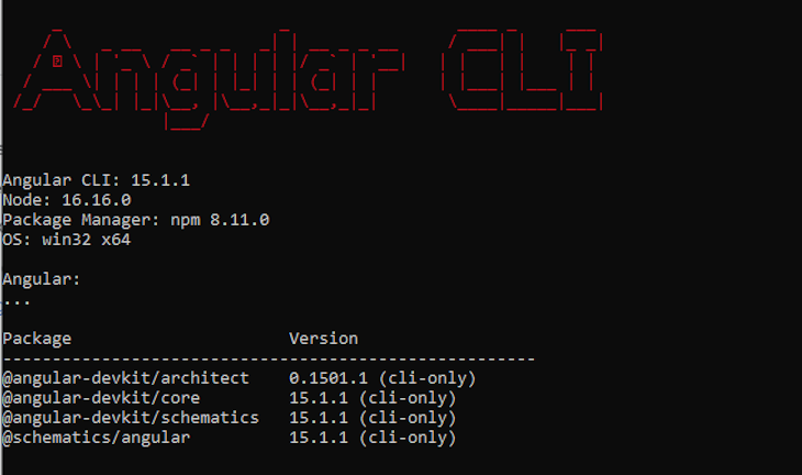 User Terminal With Black Background Showing Angular Project Information And Package Versions