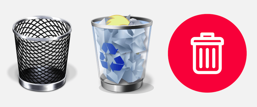 Three Examples Of Trash Icons: One Skeuomorphic Empty Metal Trash Bin, One Skeuomorphic Clear Full Recycling Bin, And One Flat Design Icon In Red And White