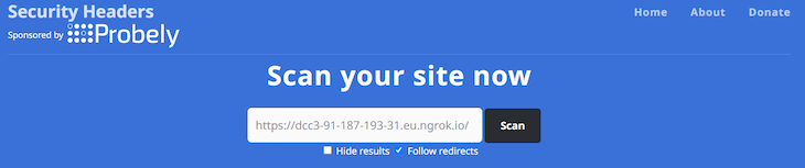 Security Headers Online Service With Blue Background And Text Field With Pasted Url For Public Access To Local Server