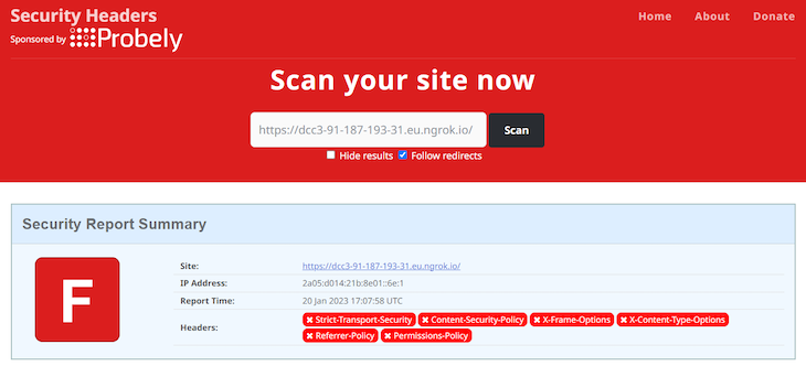 Security Headers Online Service With Red Background And F Grade On Security Report Summary