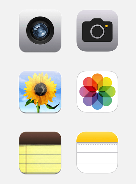 Side By Side Comparison Of Skeuomorphic And Flat Design Iphone App Icons: Camera, Photos, And Notes