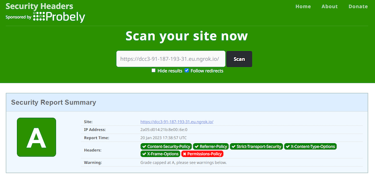Security Headers Online Service With Green Background And A Grade On Security Report Summary